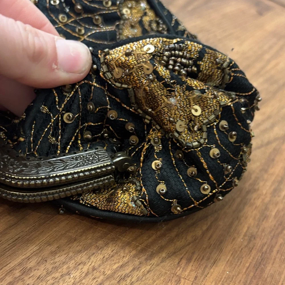 Vintage Christiana Black and Gold Floral Embroidered Clutch- beaded
